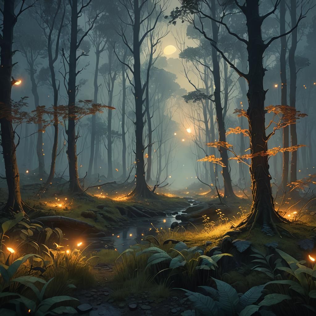Eerie Forest Sketch with Twinkling Fireflies