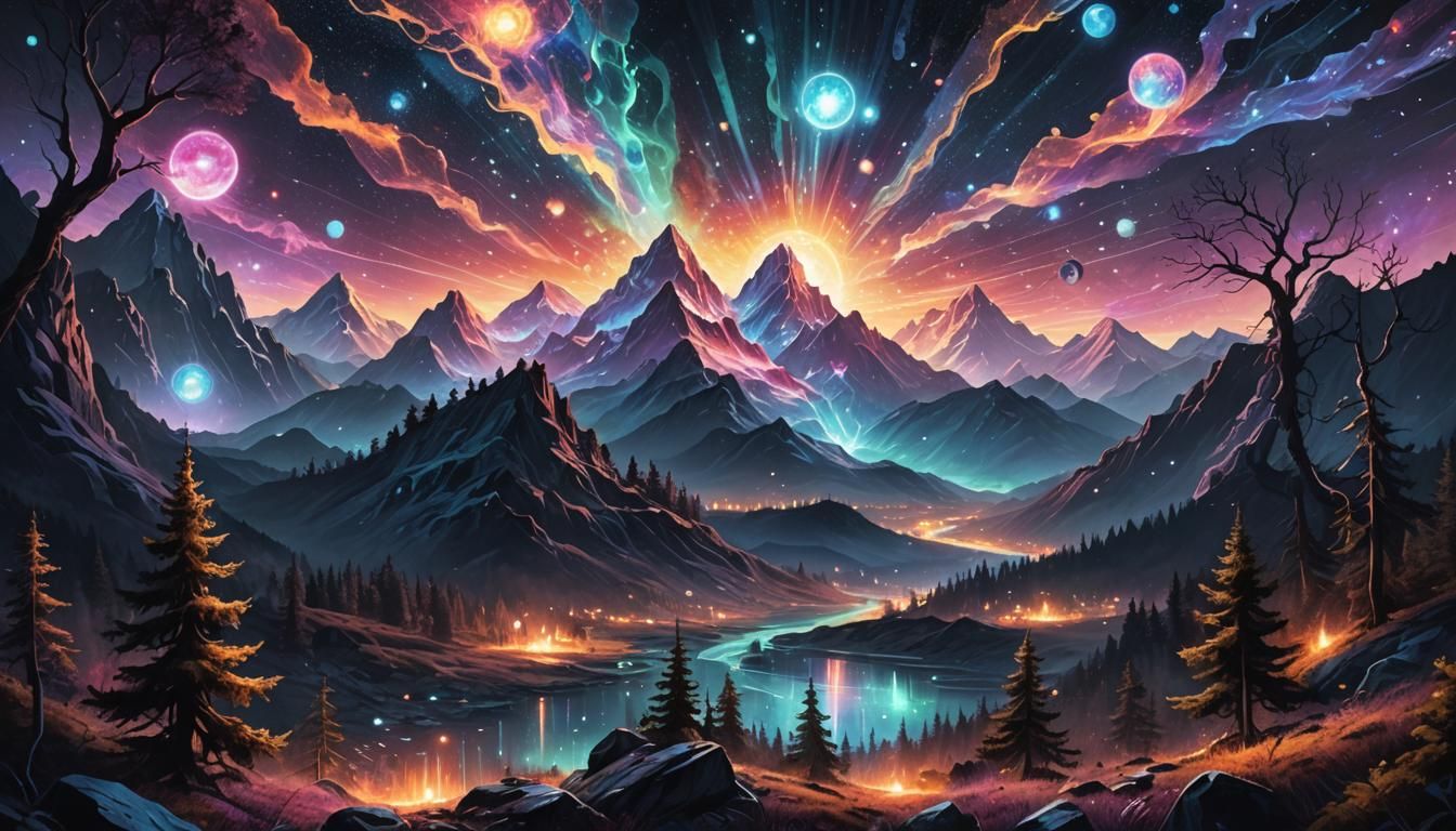 Mysterious Lights Over Dark Forest, Astral Illustration