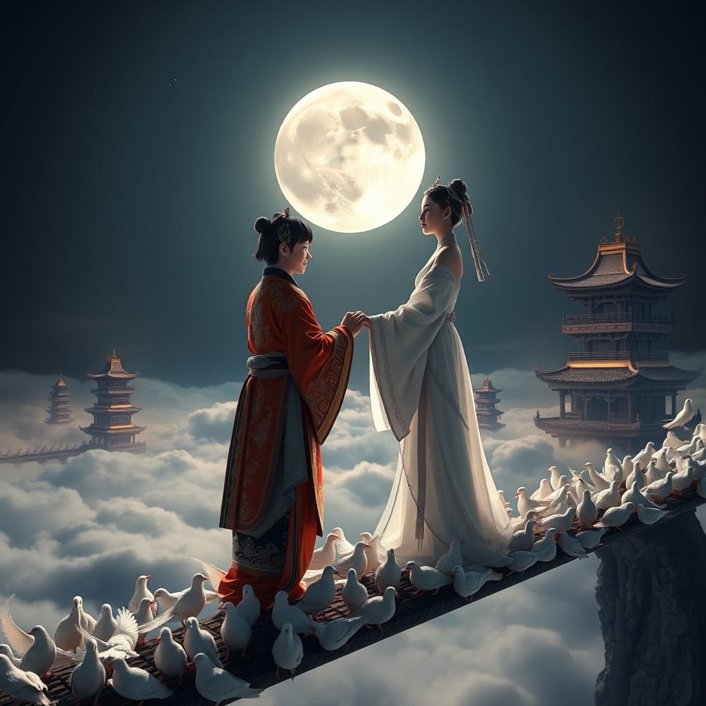 Majestic Cowherd and Weaver Girl Under Full Moonlight