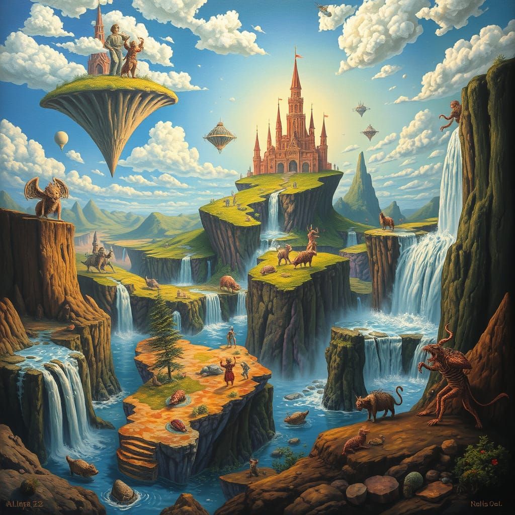 Surreal Dreamscape with Vibrant, Otherworldly Islands and Bi...