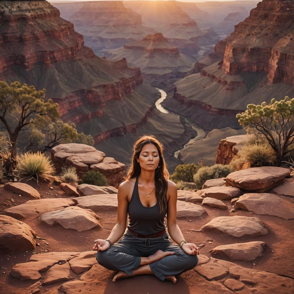 Hawaiian Woman Meditating at Grand Canyon Sunset