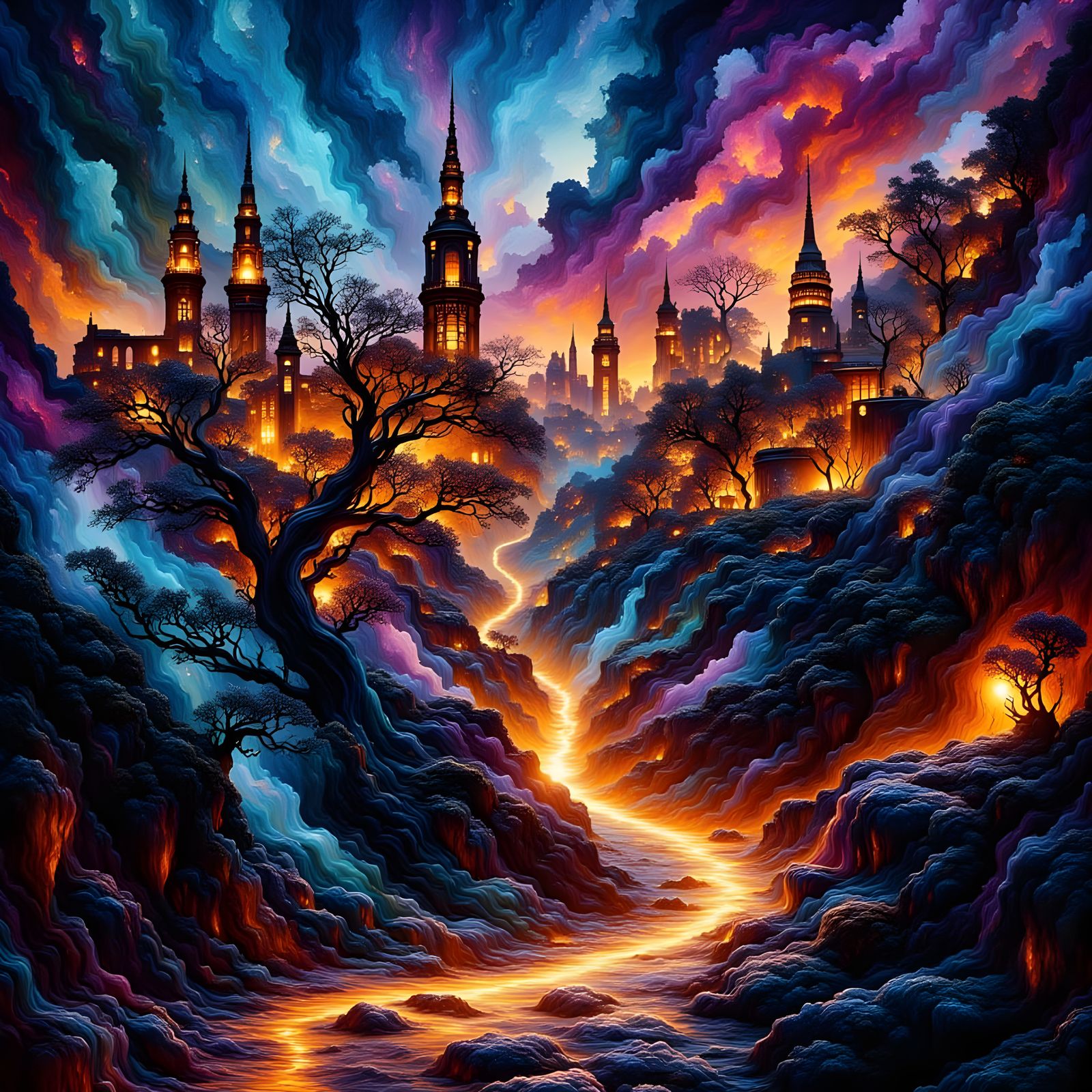 Melting Cityscape Transitions from Modern to Ancient Art