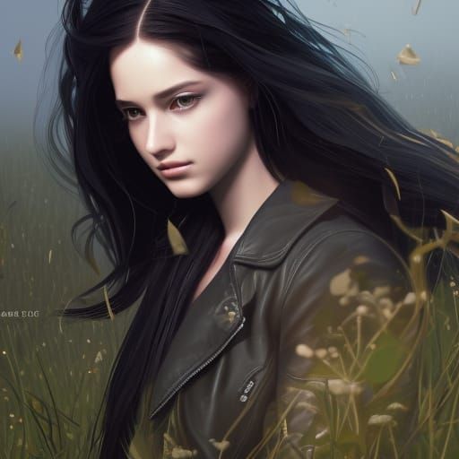 Teenage Girl in Black Roses, Hyperdetailed Digital Art