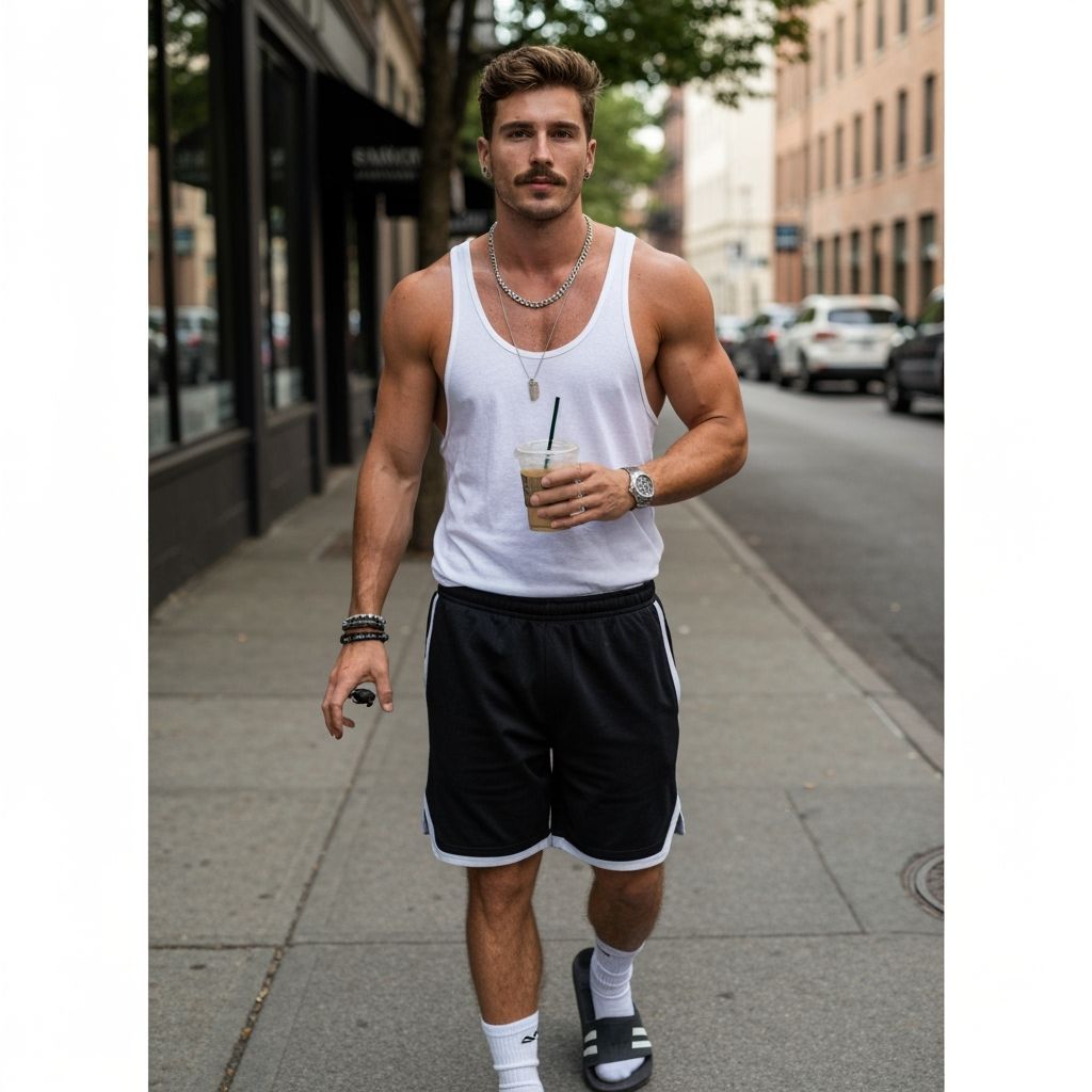 Fit Italian Man Walks Towards Camera with Coffee