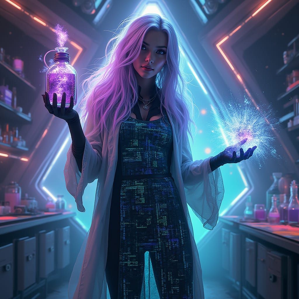 Cyber Witch in Neon Digital Landscape