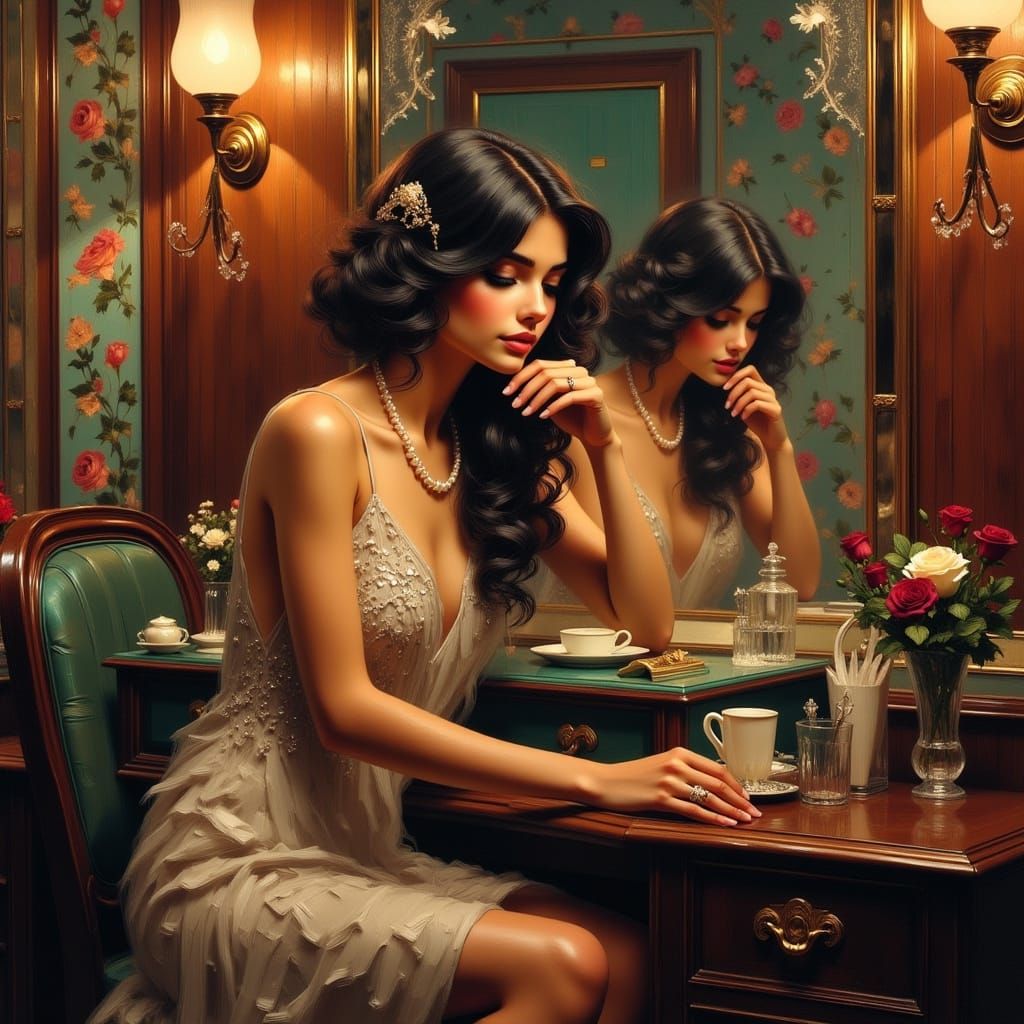 Art Nouveau Woman Prepares for Evening Out