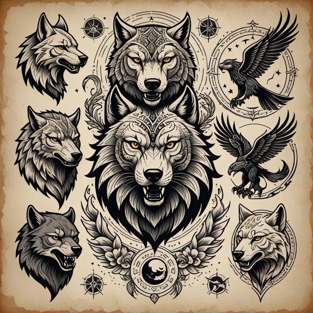 Vintage Tattoo Art: Wolf, Eagle, Panther Design