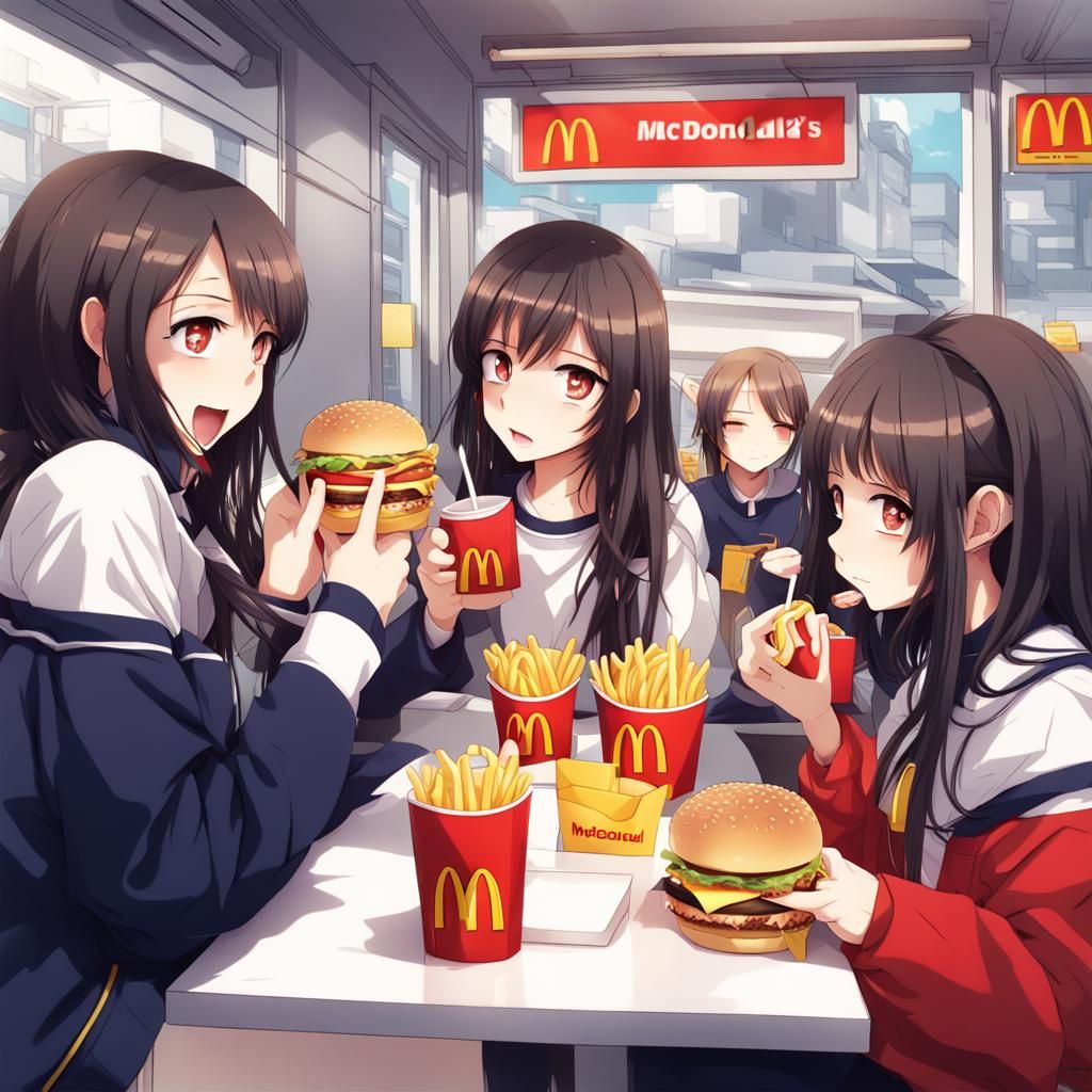 Girls Eating McDonald's in Anime Style