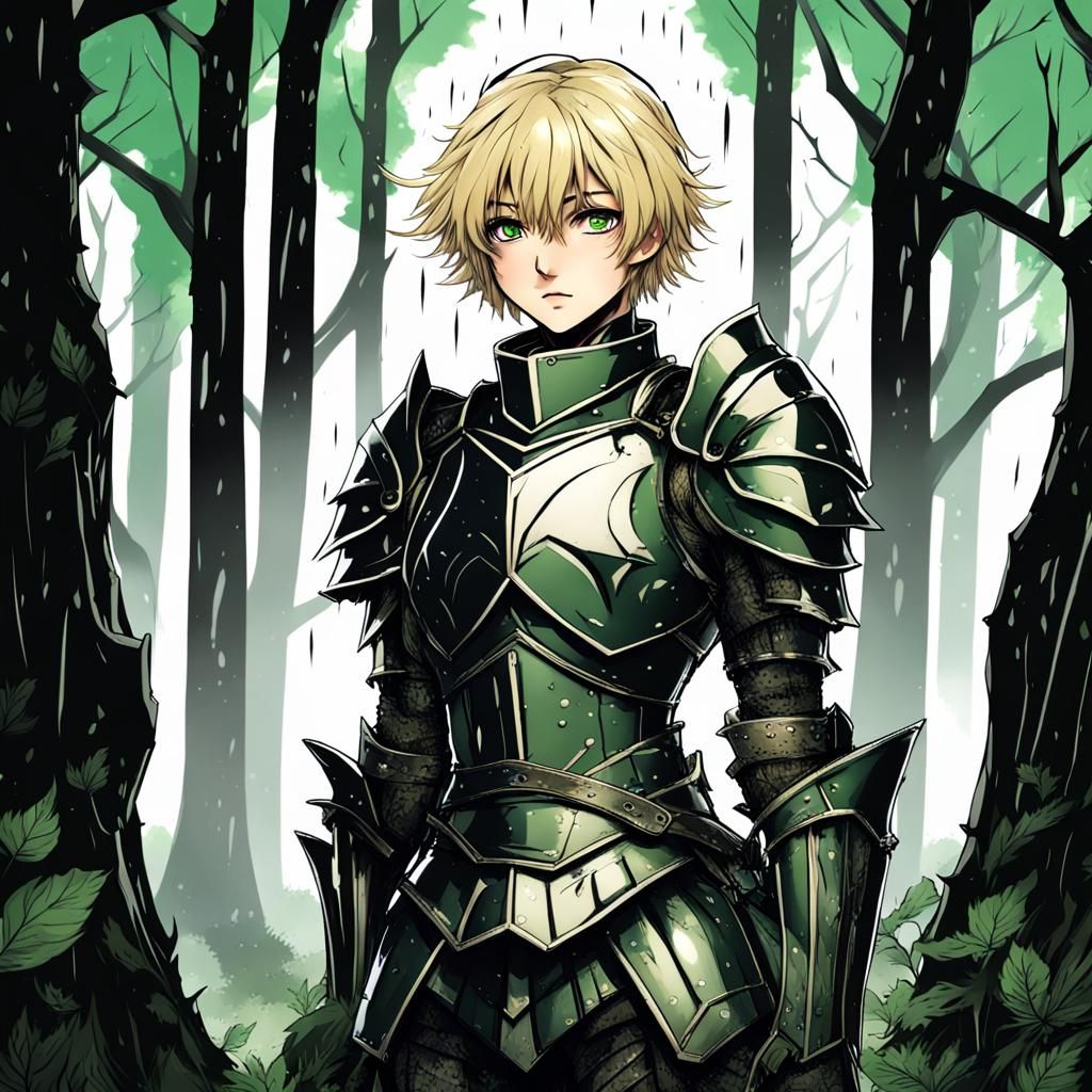 Anime Knight in Rainy Forest, High Contrast