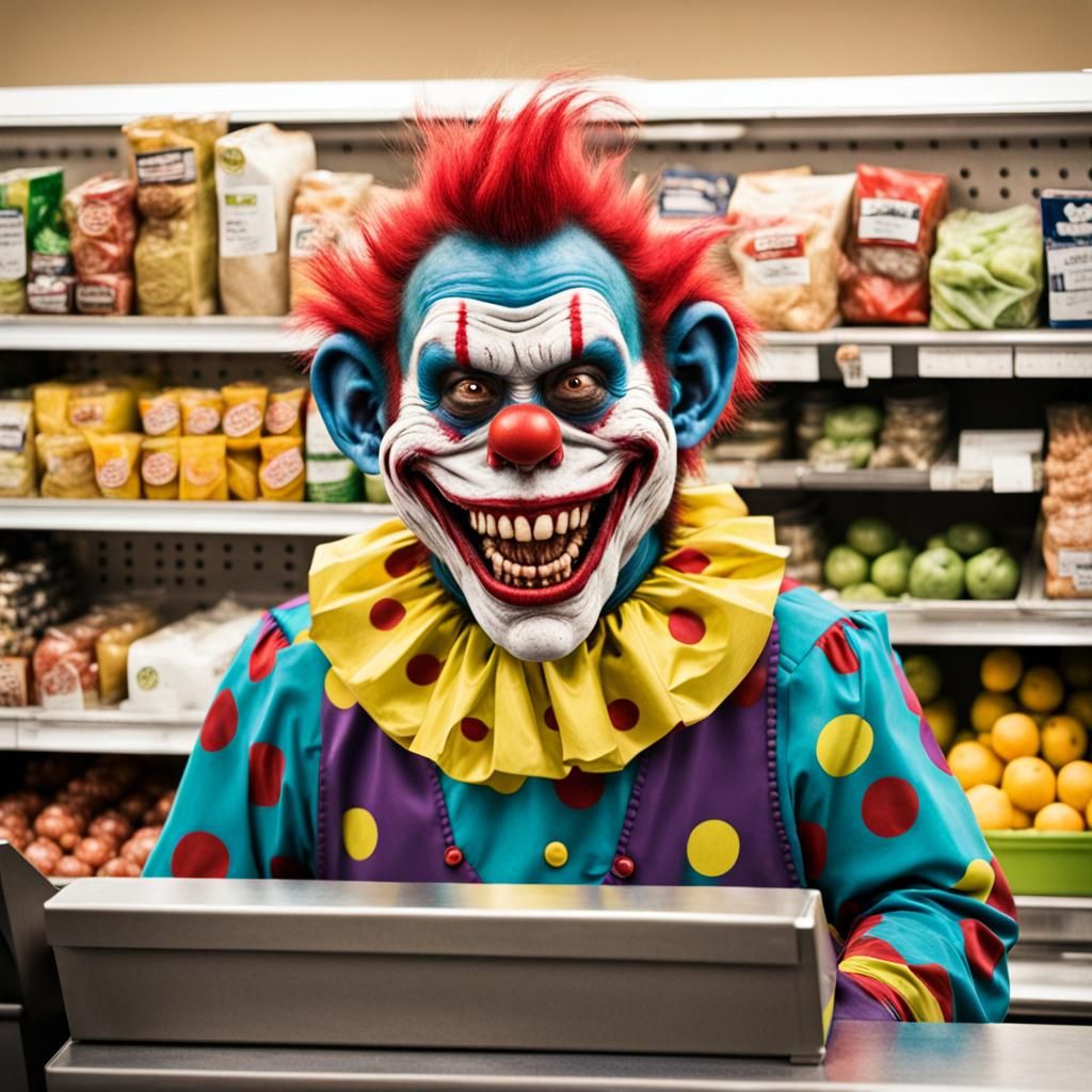 Zombie Monkey Clown Cashier Grinning Maniacally