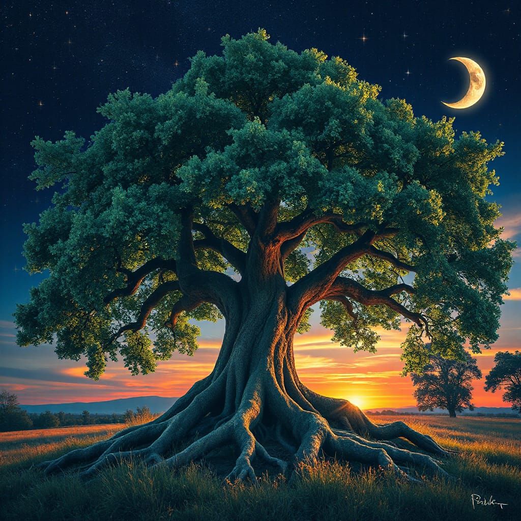 Bioluminescent Glyphs Adorn Majestic Oak Tree