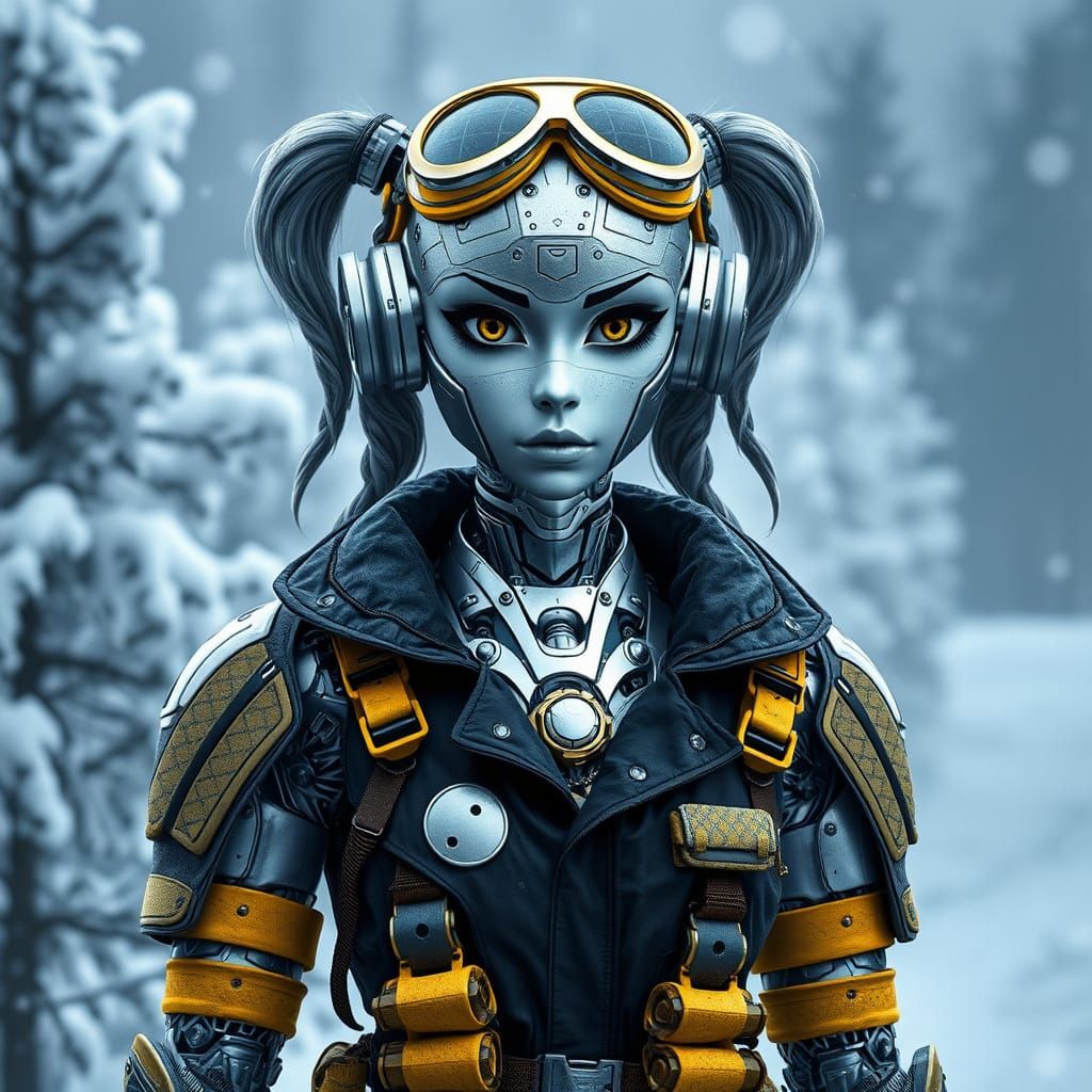 Silver Goth Robot in Winter Landscape