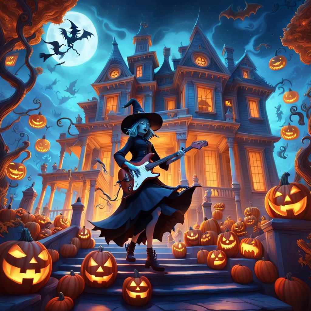 Musical Witch Rocks Haunted Mansion in Fantasy Art