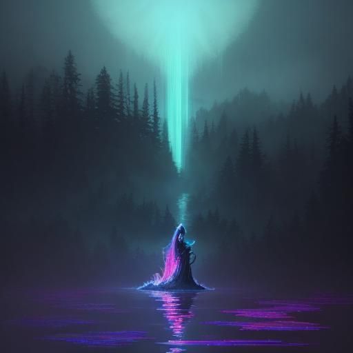 Mystical Being Emerges from Misty Lake: Vaporwave Illustrati...