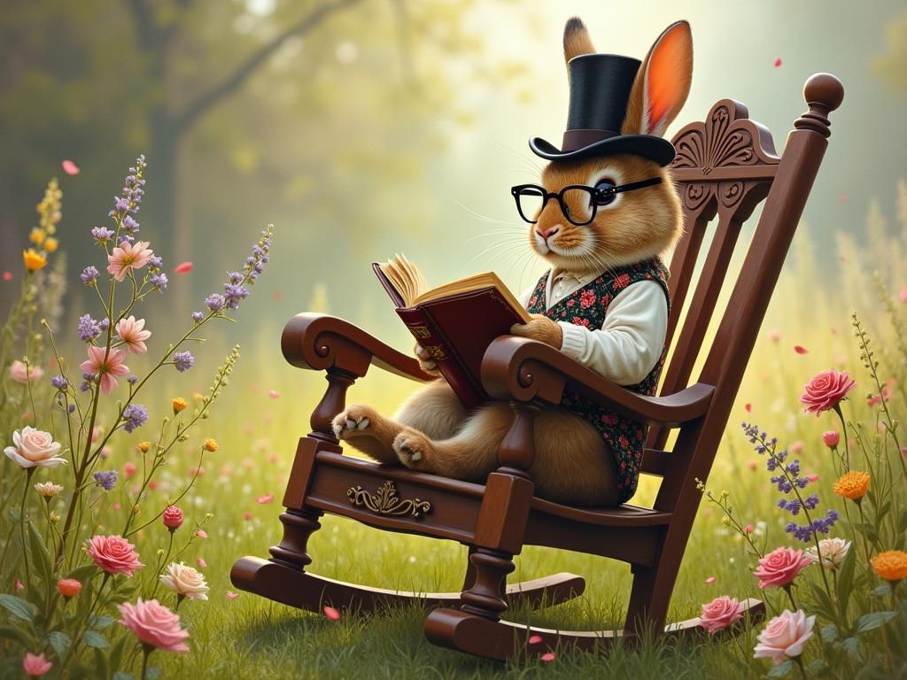 Rabbit in Meadow Reading, Hudson River School Style
