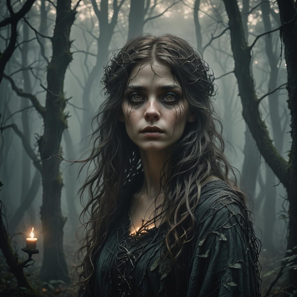Ethereal Girl in Dark Forest: Dark Fantasy Portrait