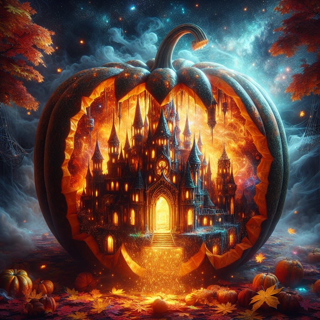 Ornate Pumpkin Reveals Gothic Castle in Autumn Night