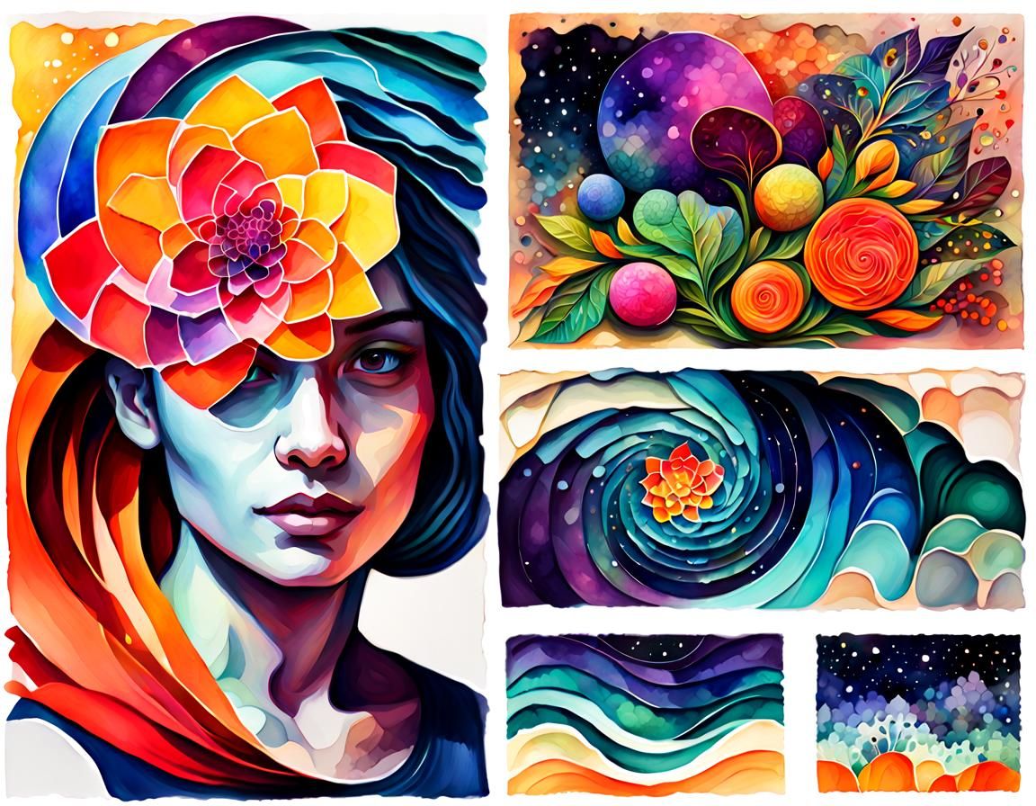 Abstract Garden Under Northern Lights in Watercolor