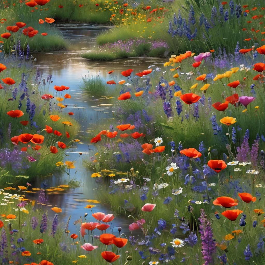 Summer Stream Flowing Through Wildflower Meadow