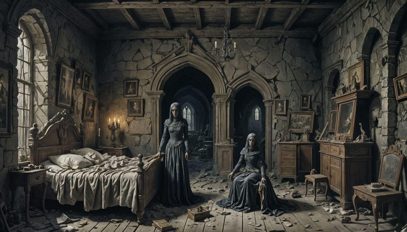 Skeletal Woman in Medieval Ghost Castle Horror Scene