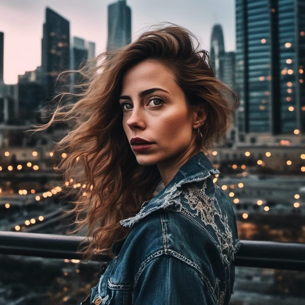 Captivating Woman in Urban Landscape: Cinematic Portrait