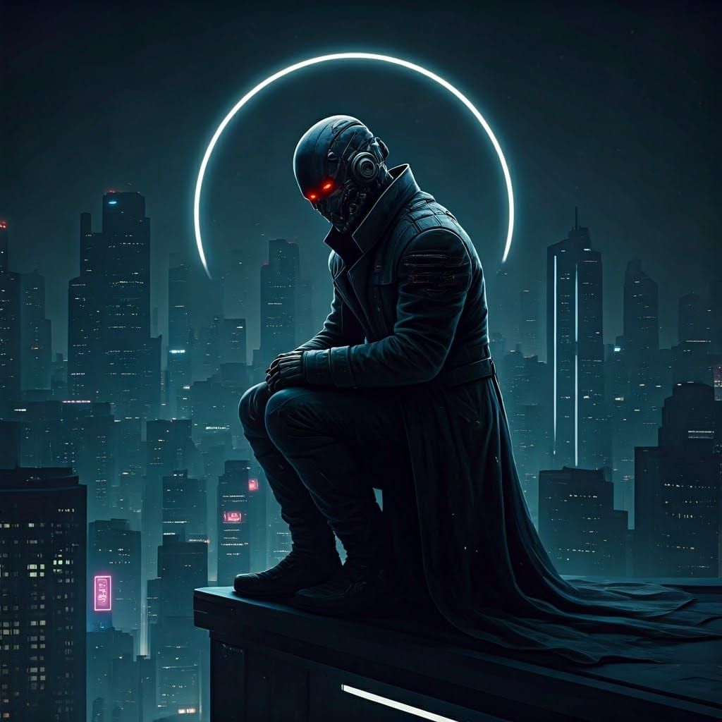 Cyborg Assassin in Noir Cityscape