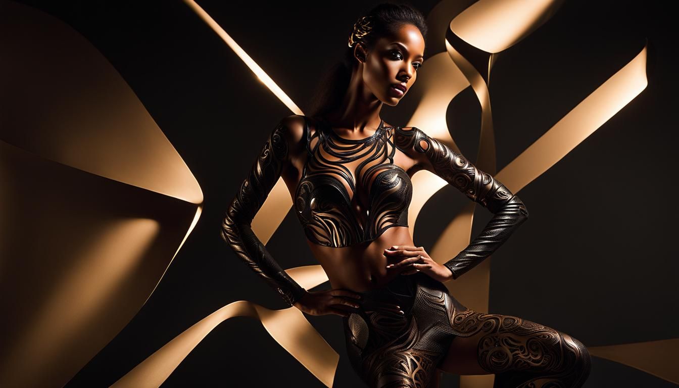 Woman with Metallic-Organic Body Art in Cyberpunk Style