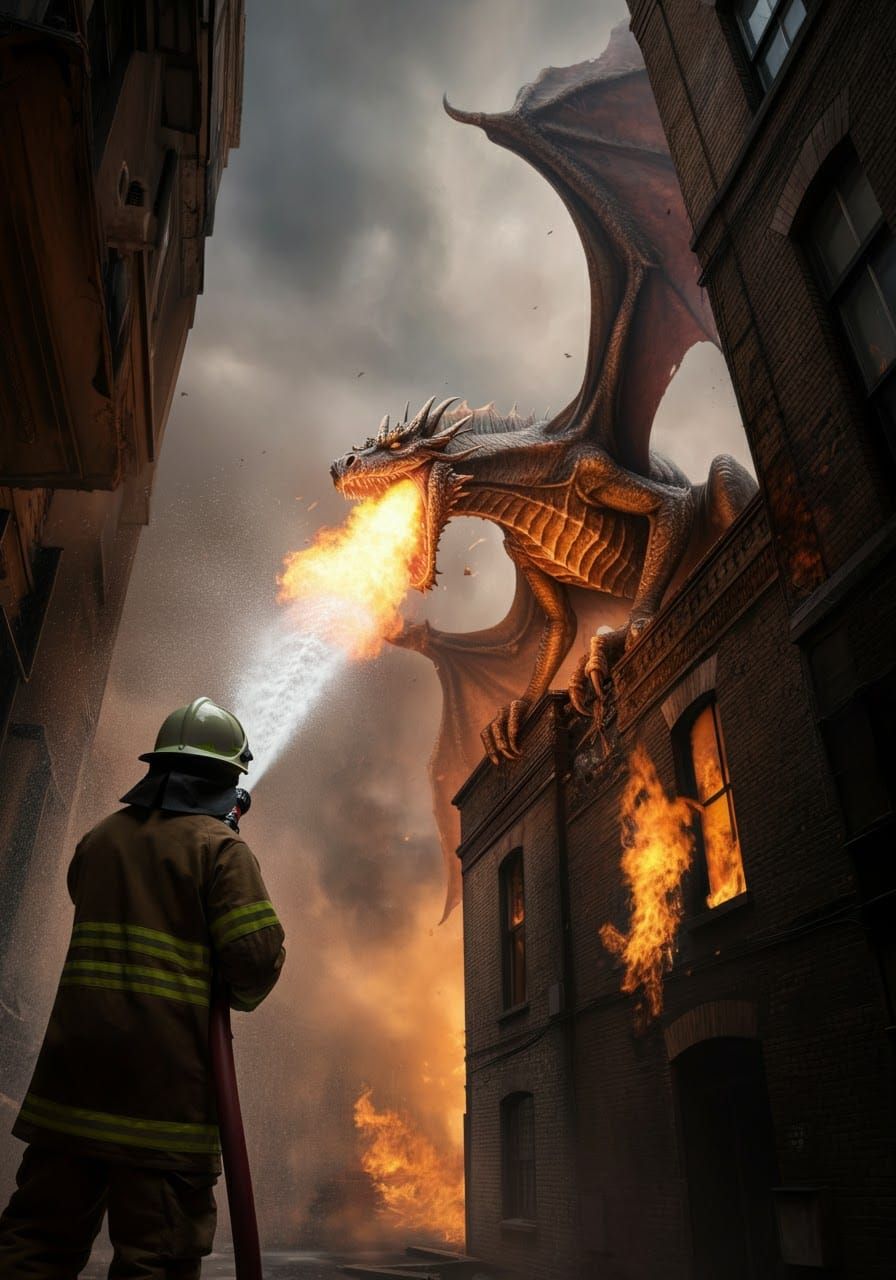 Firefighter Battles Dragon on Burning Building