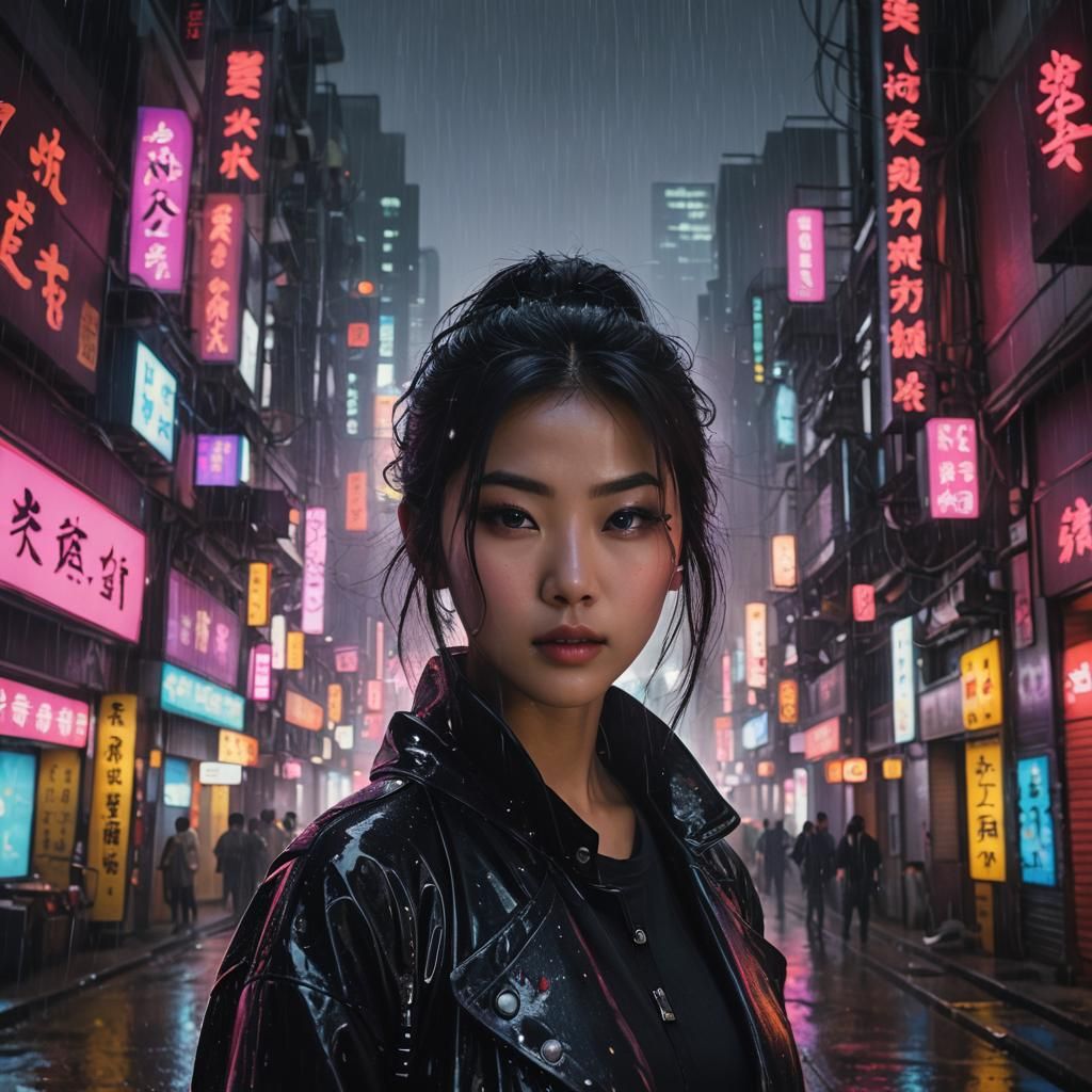 Cyberpunk Asian Beauty in Neon Rain