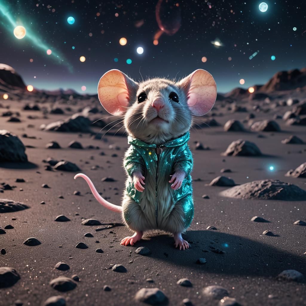 Aqua Chibi Mouse on the Moon in Space