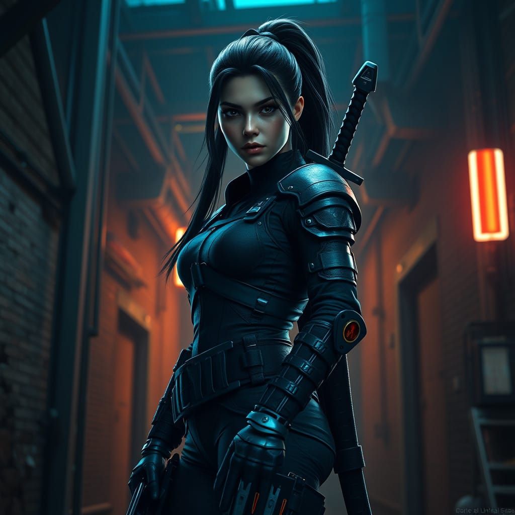Dark Heroine in Tactical Gear, Cyberpunk Urban Landscape