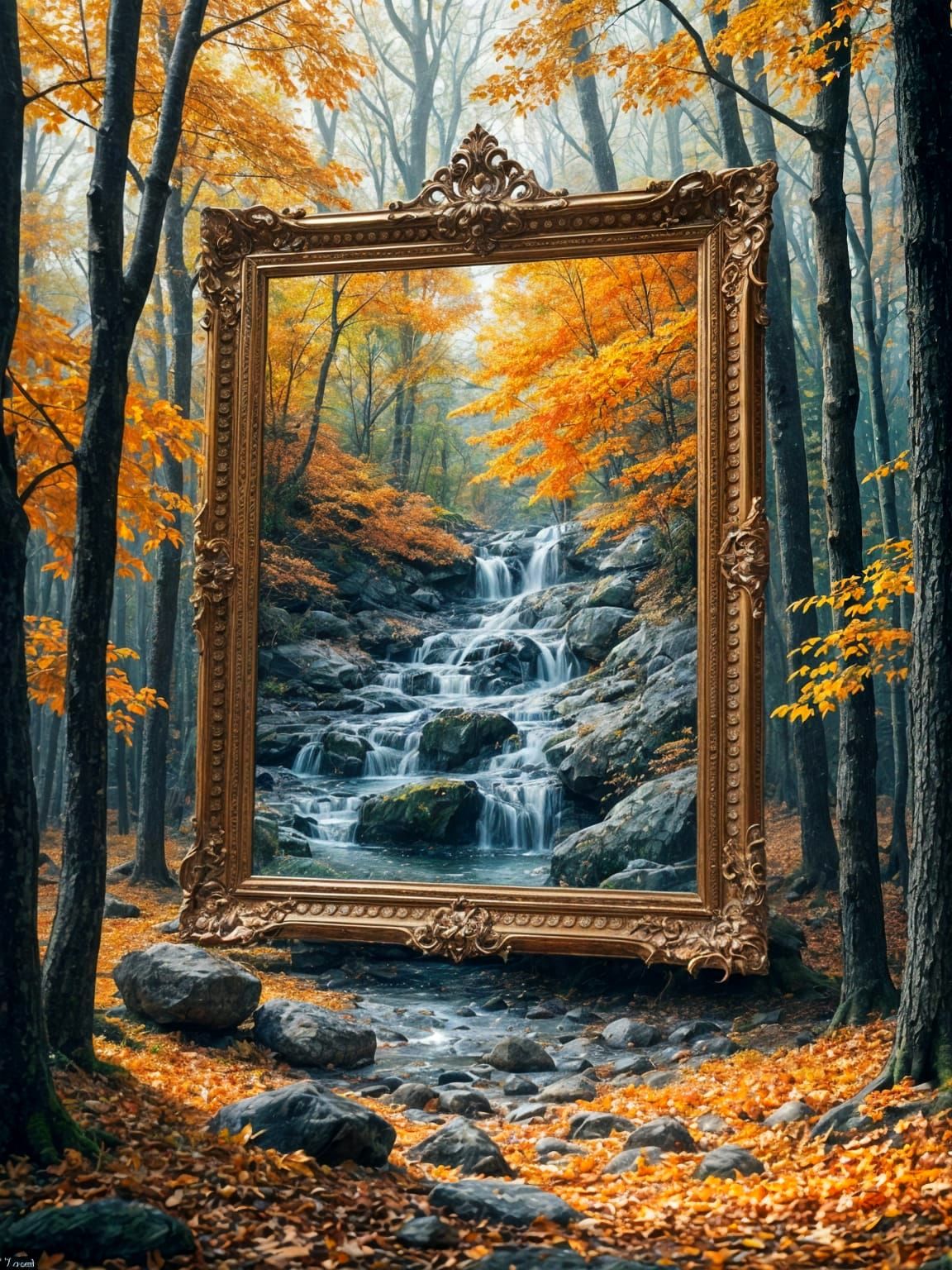 Magical Waterfall Flows From Painting Into Autumn Forest
