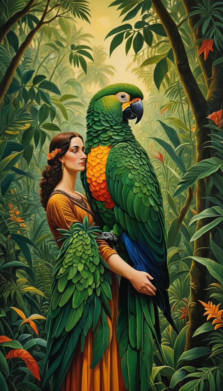 Woman and Colossal Parrot: Vibrant Oil Painting