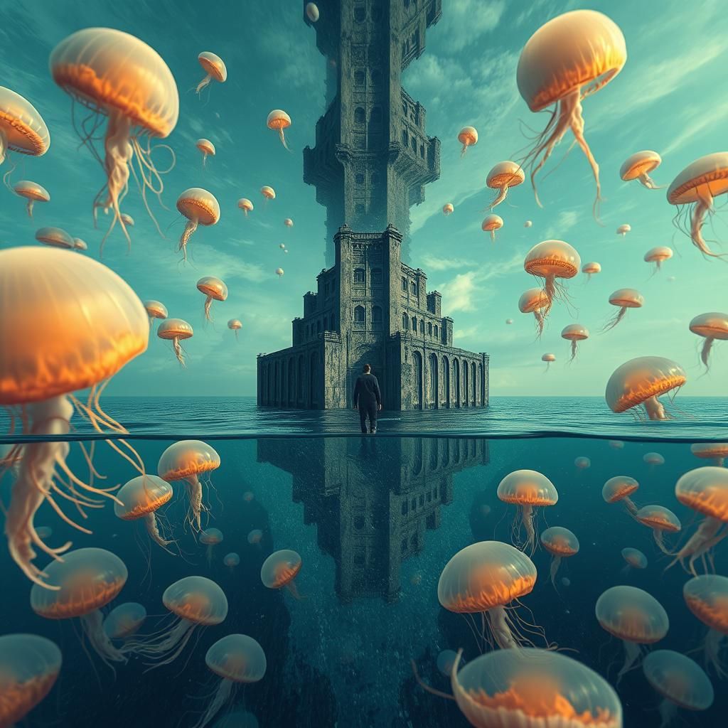 Surreal Underwater Building with Jellyfish Walkers