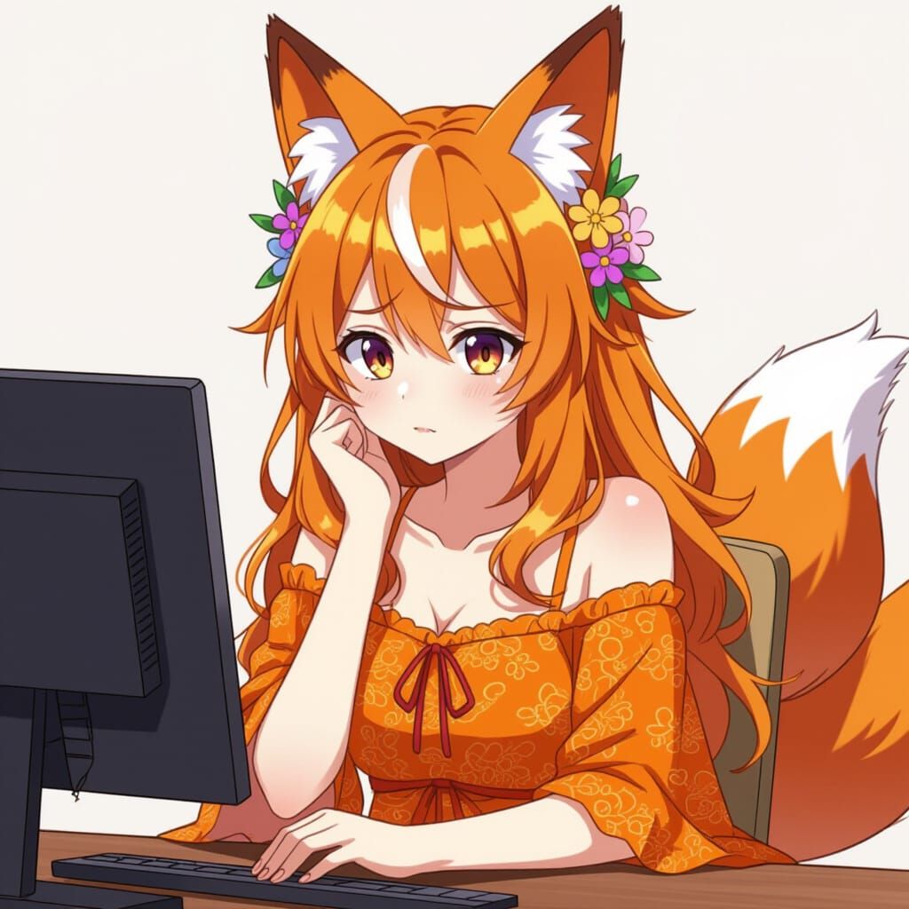 Anime Fox Girl with Seven Tails Looks Frustrated