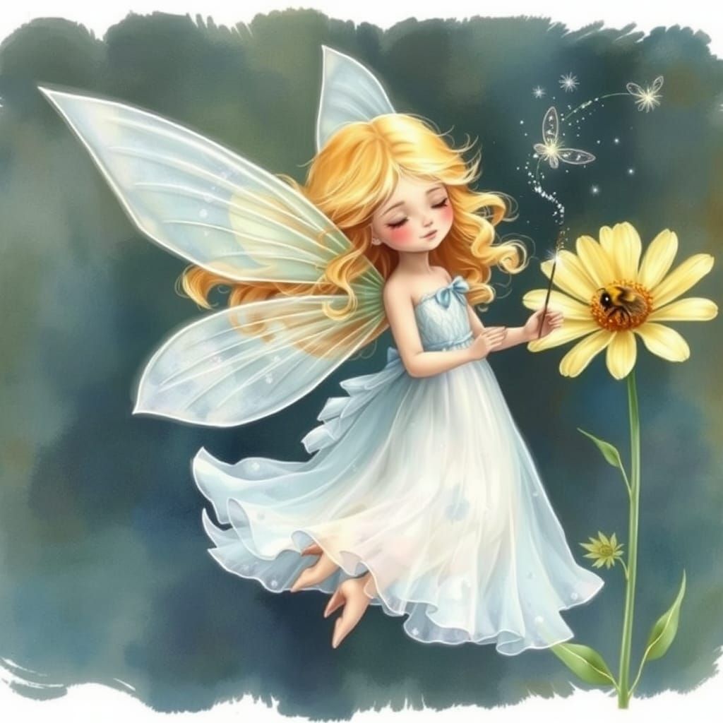 Whimsical Fairy Sprinkling Fairydust: Watercolor and Gouache