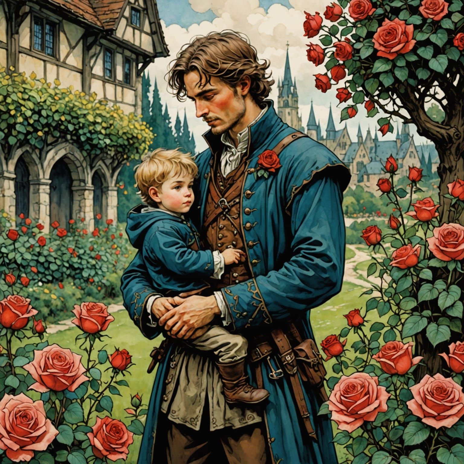 Medieval Father and Son in Fairytale Rose Garden