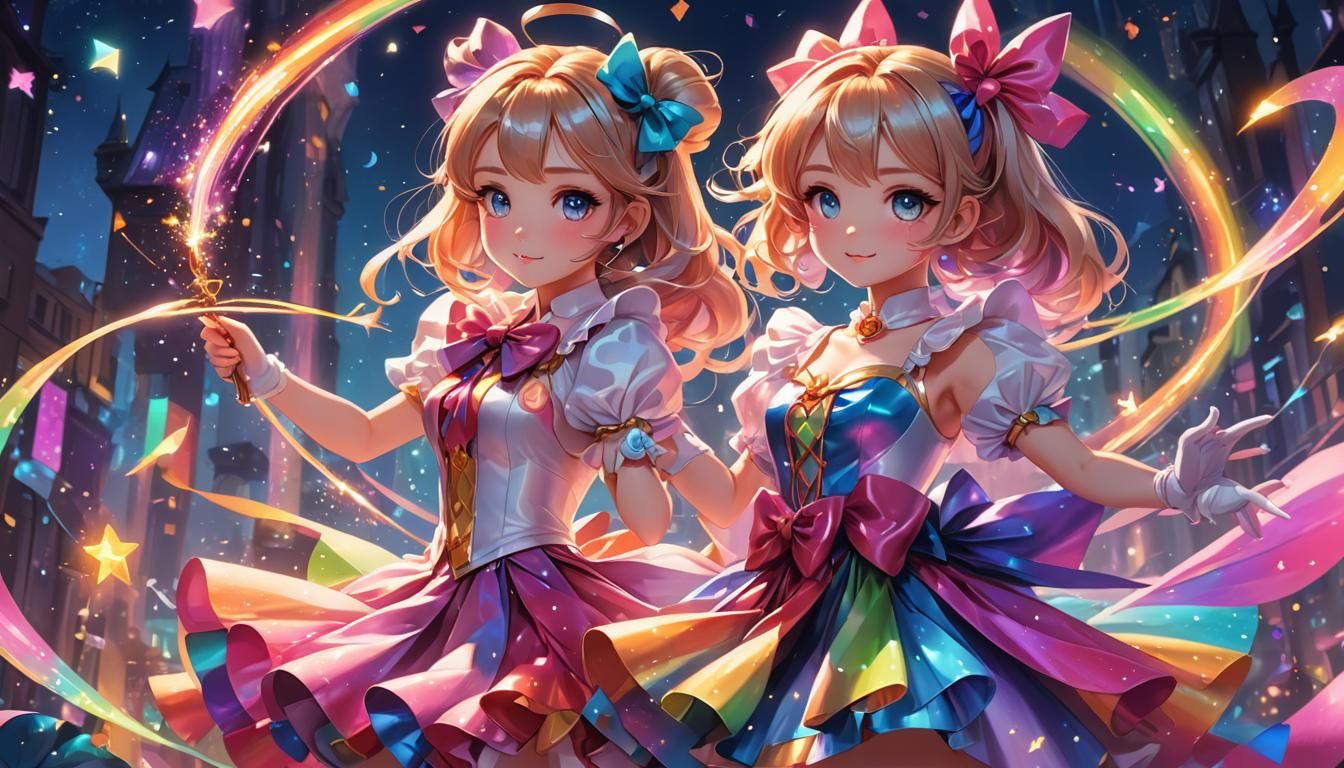 Magical Girl with Rainbow Magic in Kawaii Style