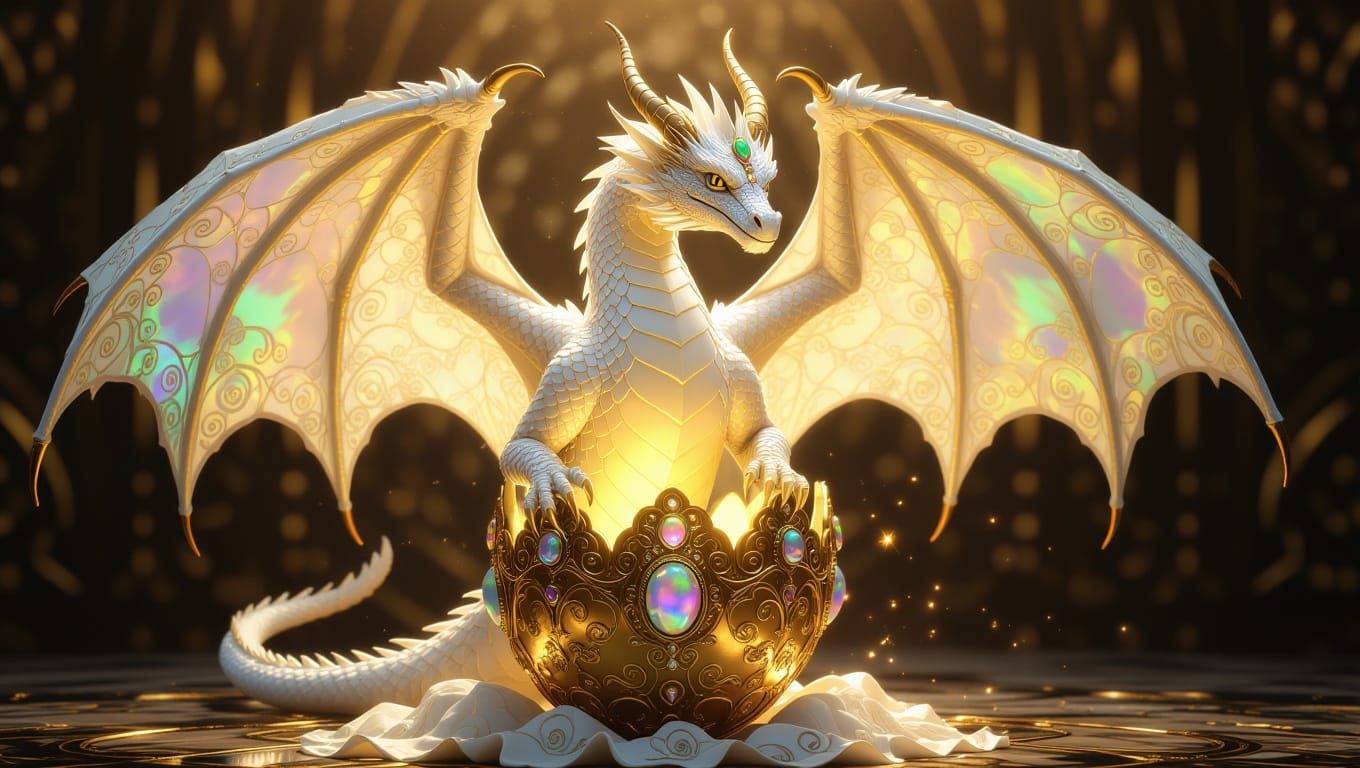 Majestic White Dragon Emerges from Golden Faberge Egg in Hyp...
