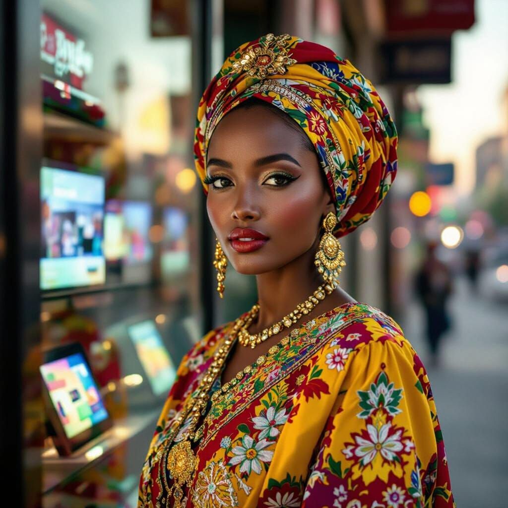 Ethiopian Woman in Traditional Attire at Electronics Shop