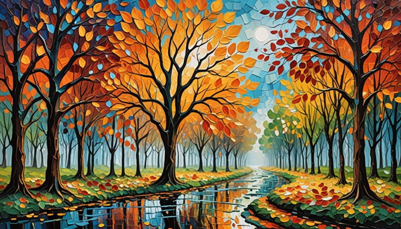 Autumn Leaves Vase Artwork in Neo-Impressionist Style