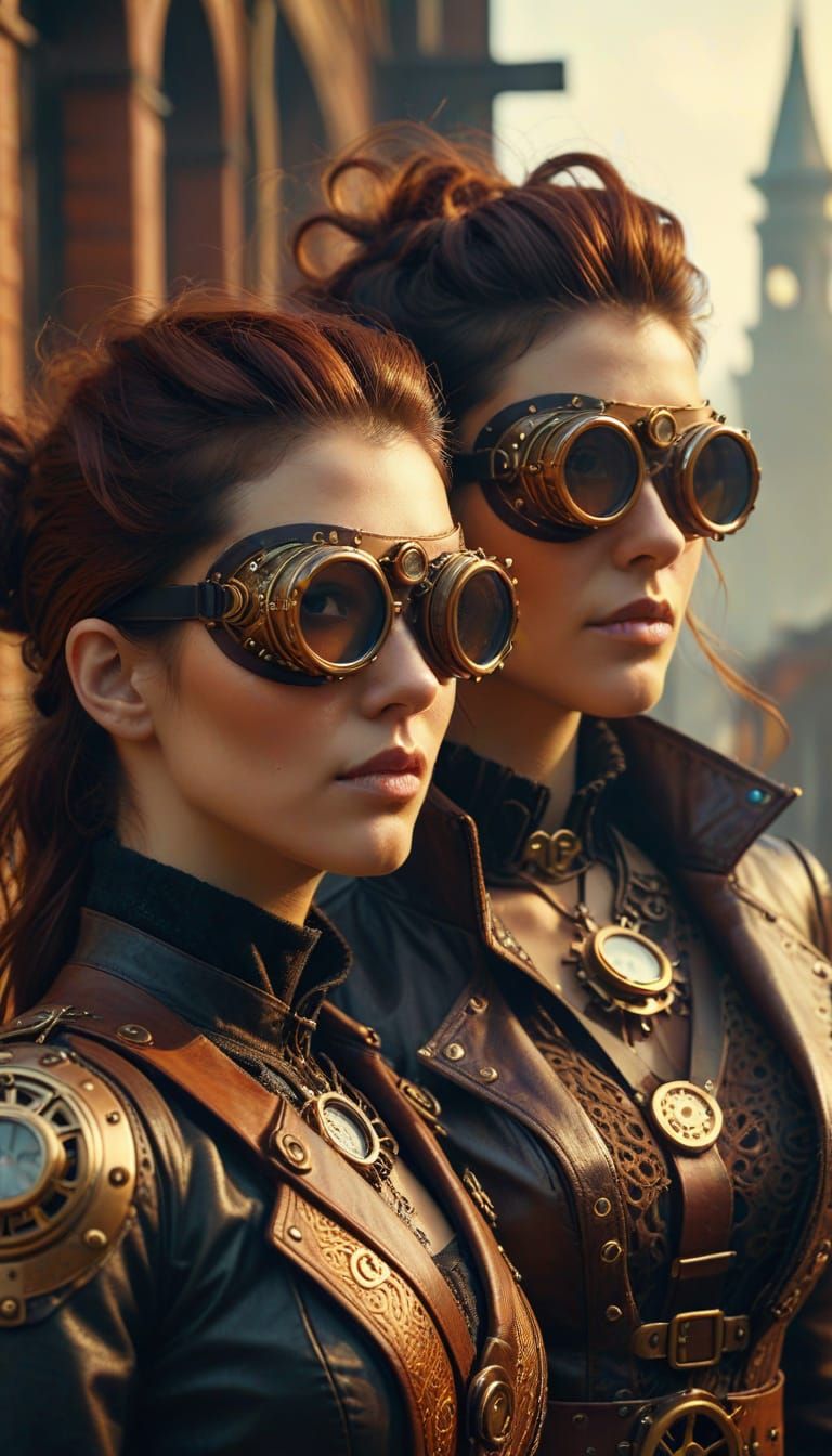 Steampunk Mother and Daughter Portrait in Steampunk City