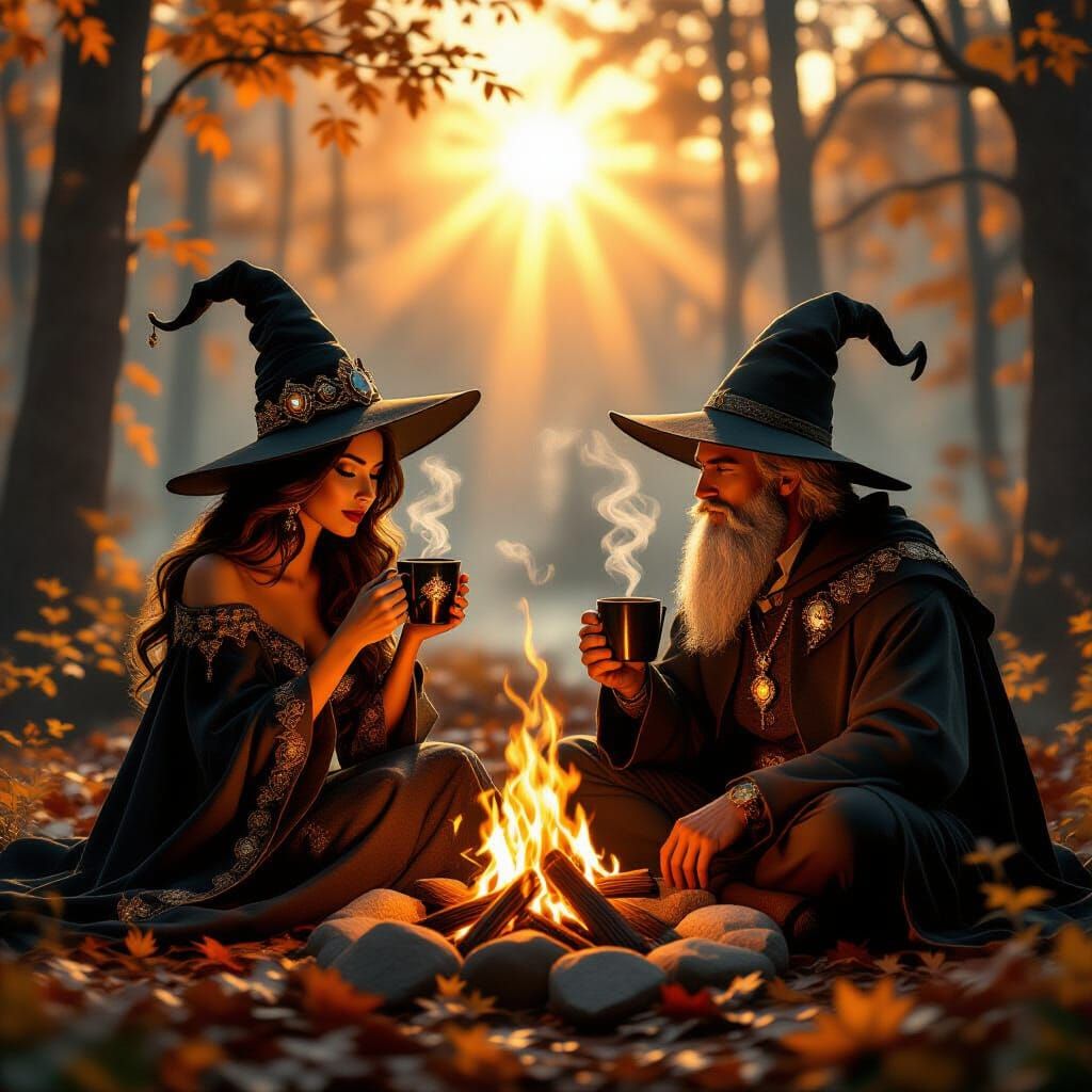Surreal Autumn Morning: Witch, Wizard, and Coffee