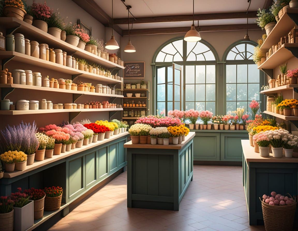 Whimsical Flower Bazaar Interior in Soft 3D Watercolor Style