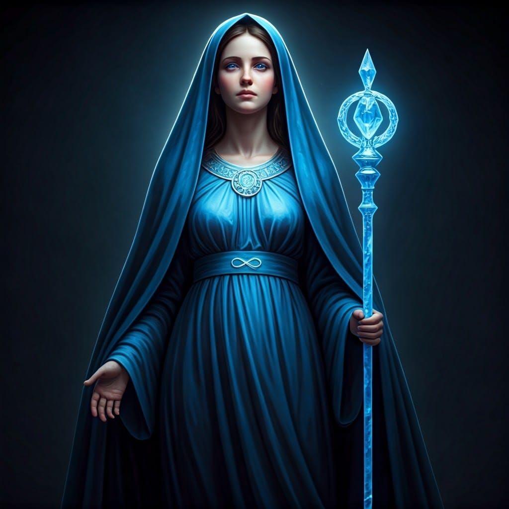 Serene Goddess of Healing in Elegant Blue Gown with Crystal...