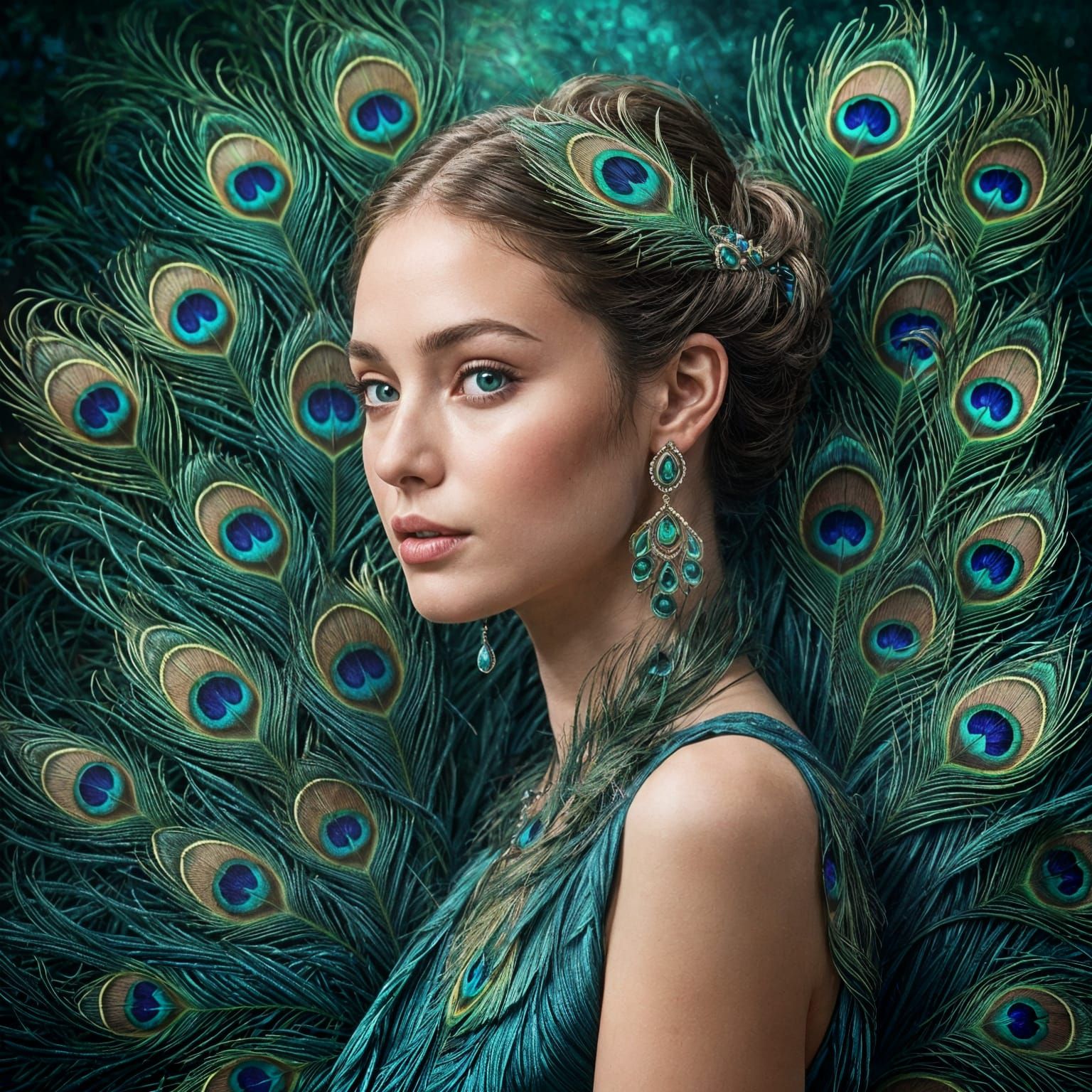 Ethereal Woman with Peacock Feathers: Divine Portrait