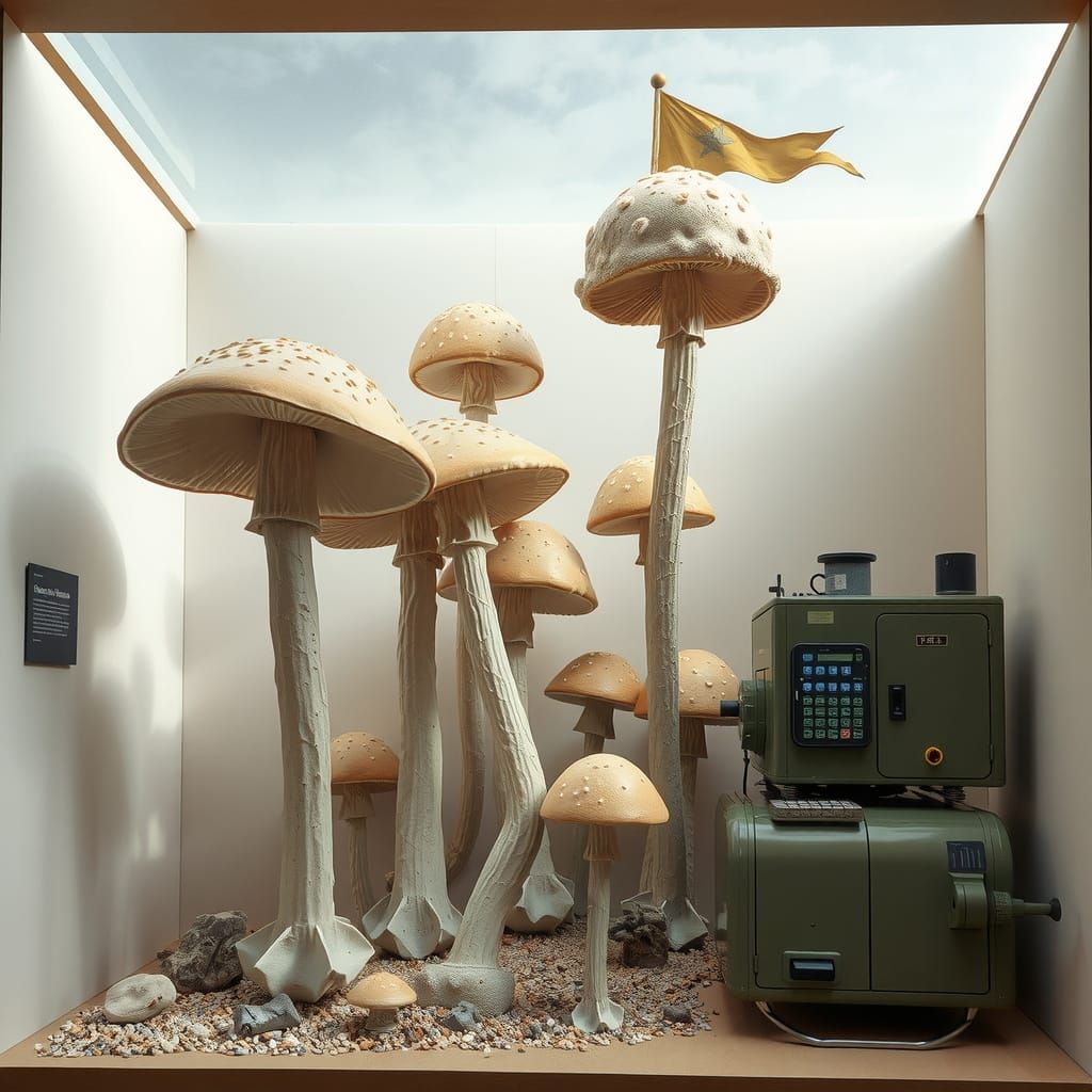 Hyperrealist Sculpture of Modernist Mushroom Flagpoles