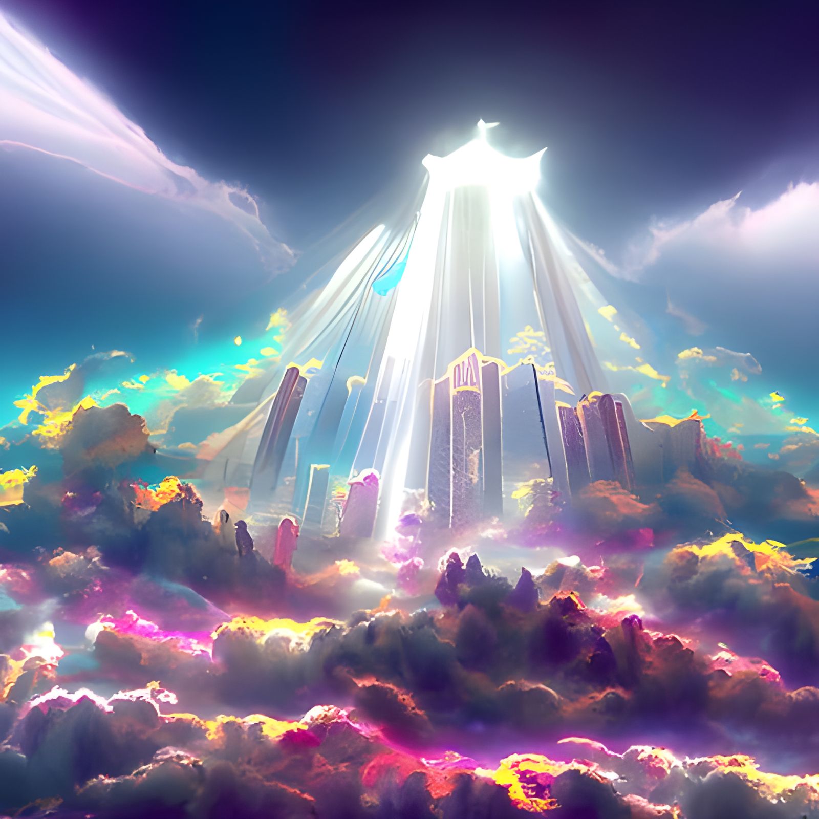 Ethereal Heaven City in the Clouds: Cel-Shaded Art