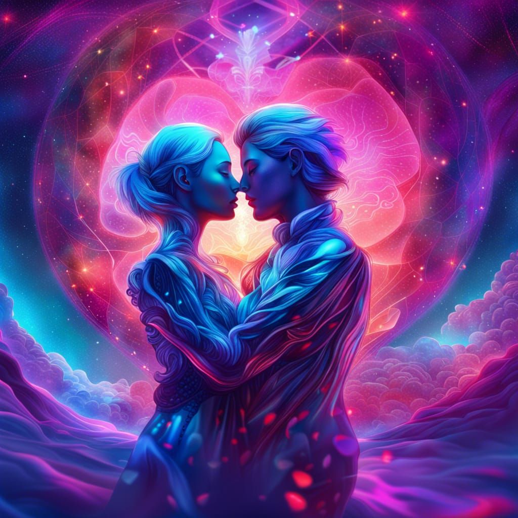 Futuristic Cosmic Love: Holographic Astral Illustration