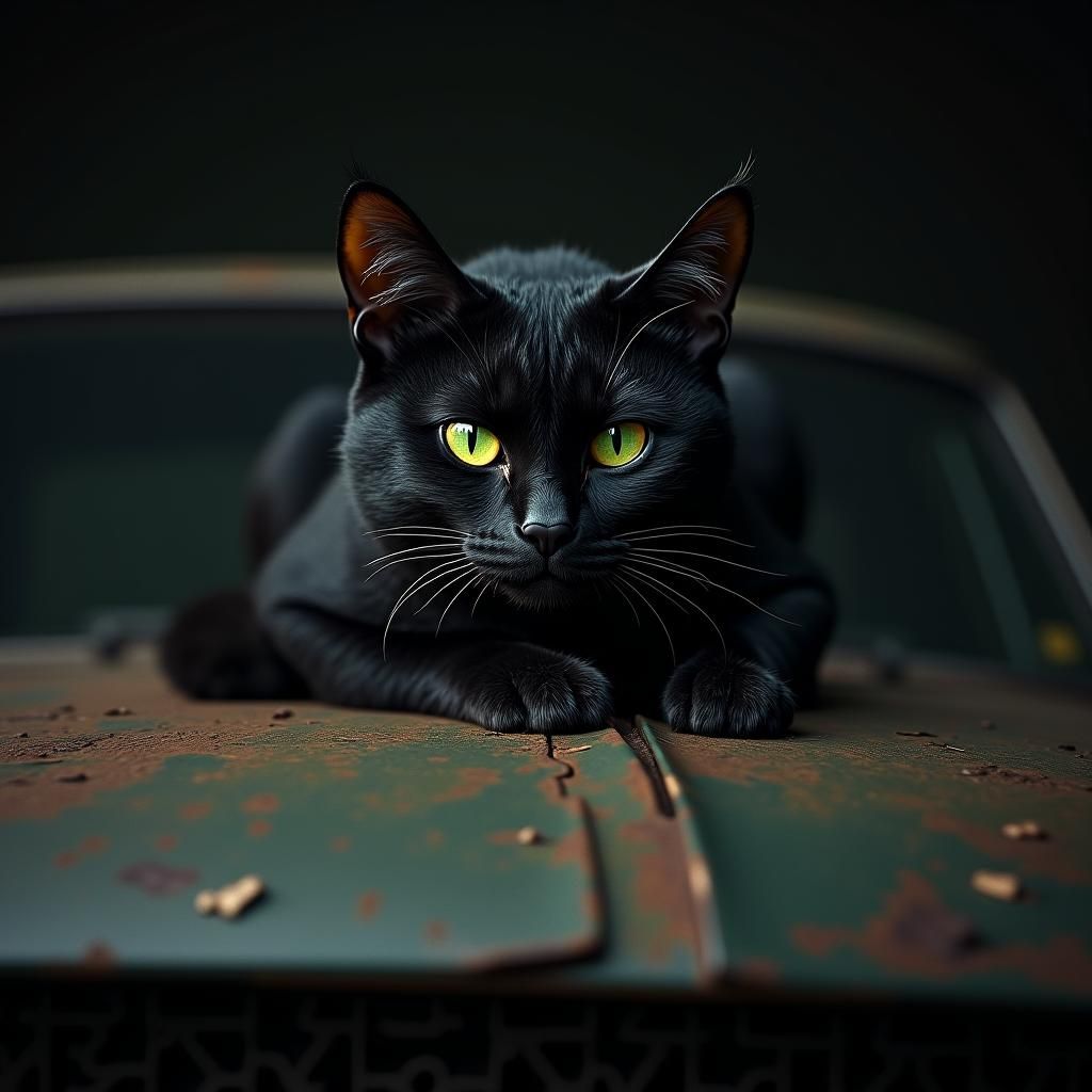 Mystical Black Cat on Vintage Mustang